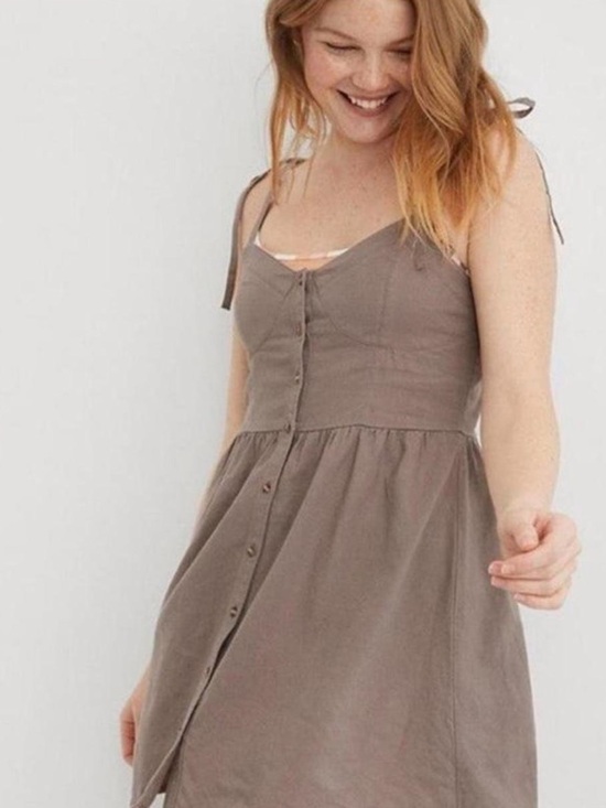 aerie Dresses & Skirts - Aerie Tie Shoulder Corset Sundress Boho Linen Button Front Cottagecore Size XL